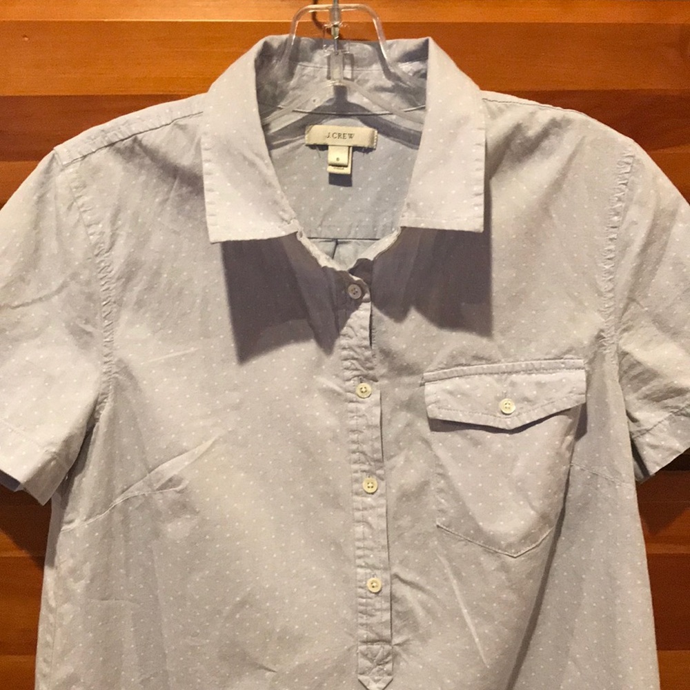 J Crew light blue with white polka dot blouse